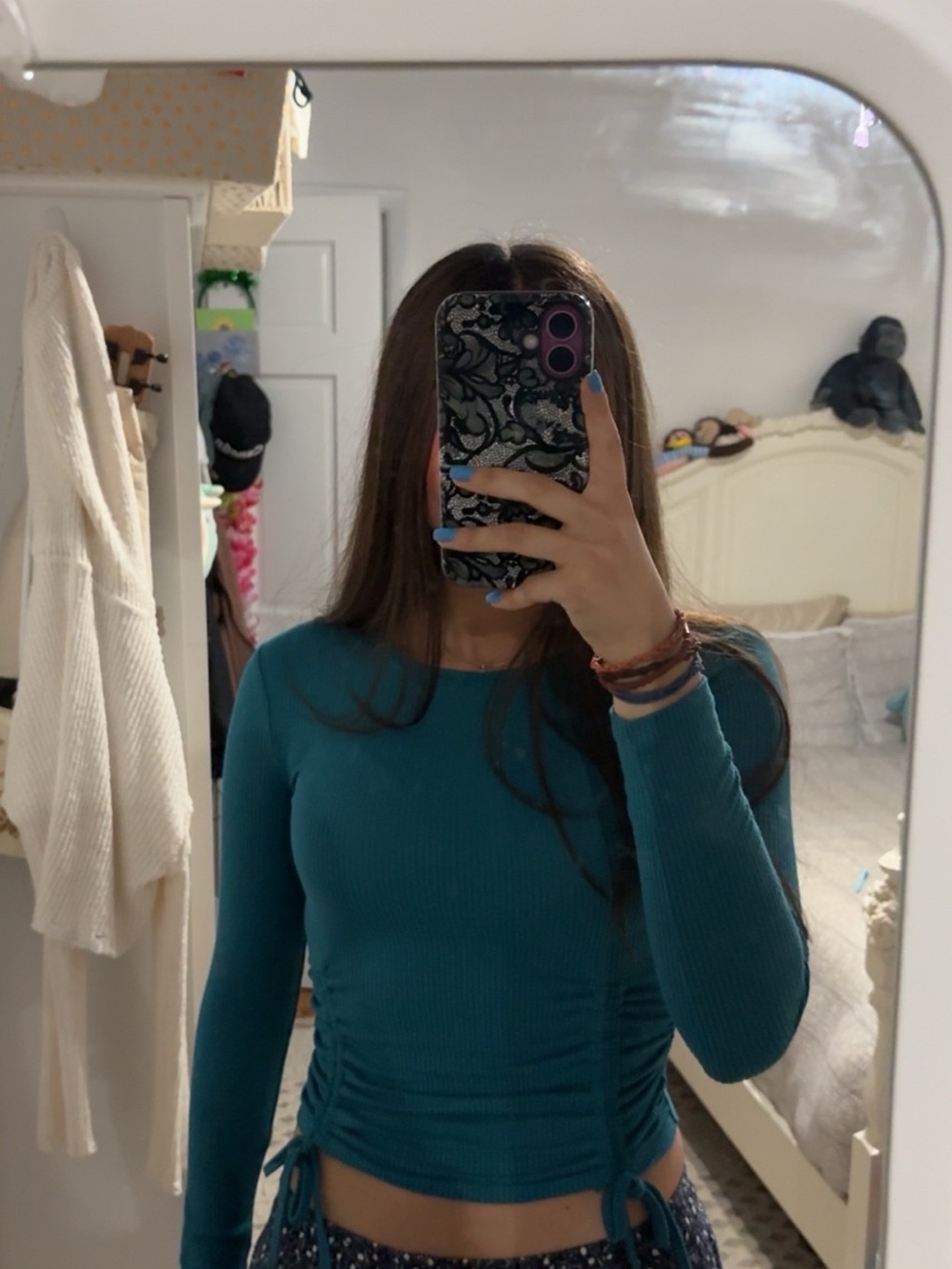 Teal Ribbed Long-Sleeve Side-Tie Top